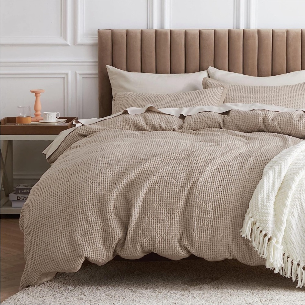 Bedsure Duvet Cover King - 100% Cotton Waffle Weave Khaki Oeko Tex Certified